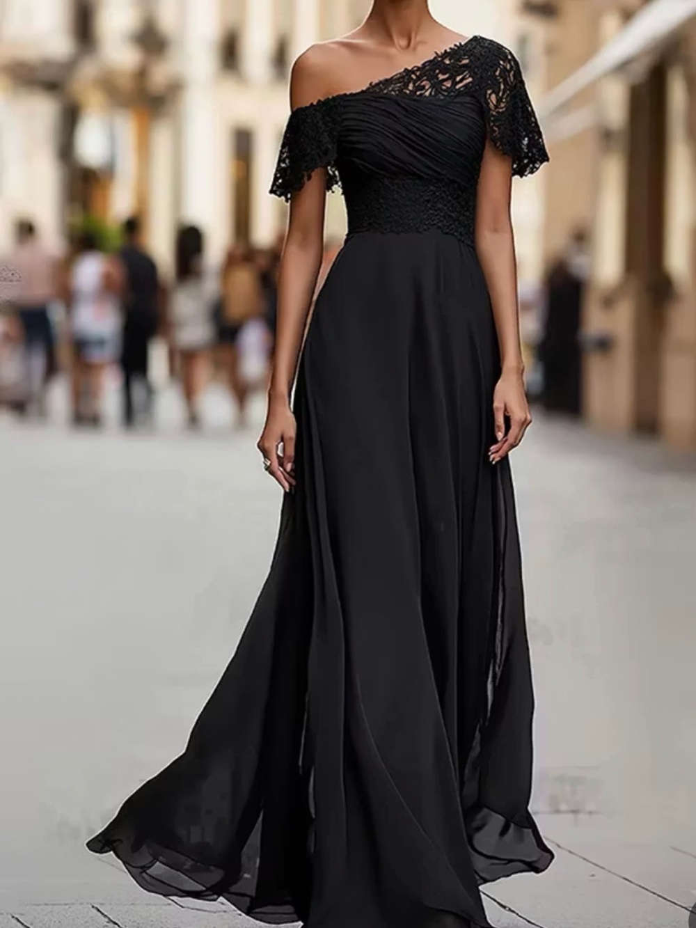 Chic One-Shoulder Evening Dress with Lace Bodice - perfect for black tie events